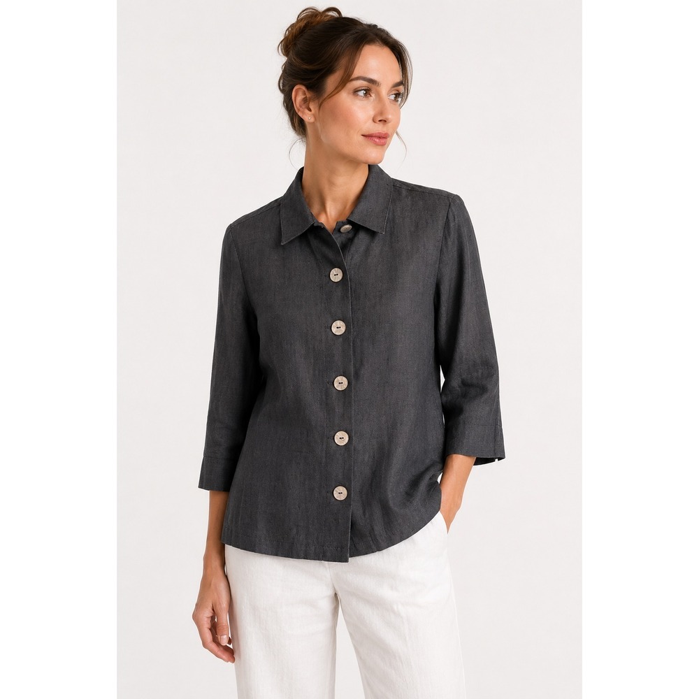 Harvé Benard Linen Jacket Relaxed Fit Blazer Gray 3/4 Sleeve Button Front Sz 8P